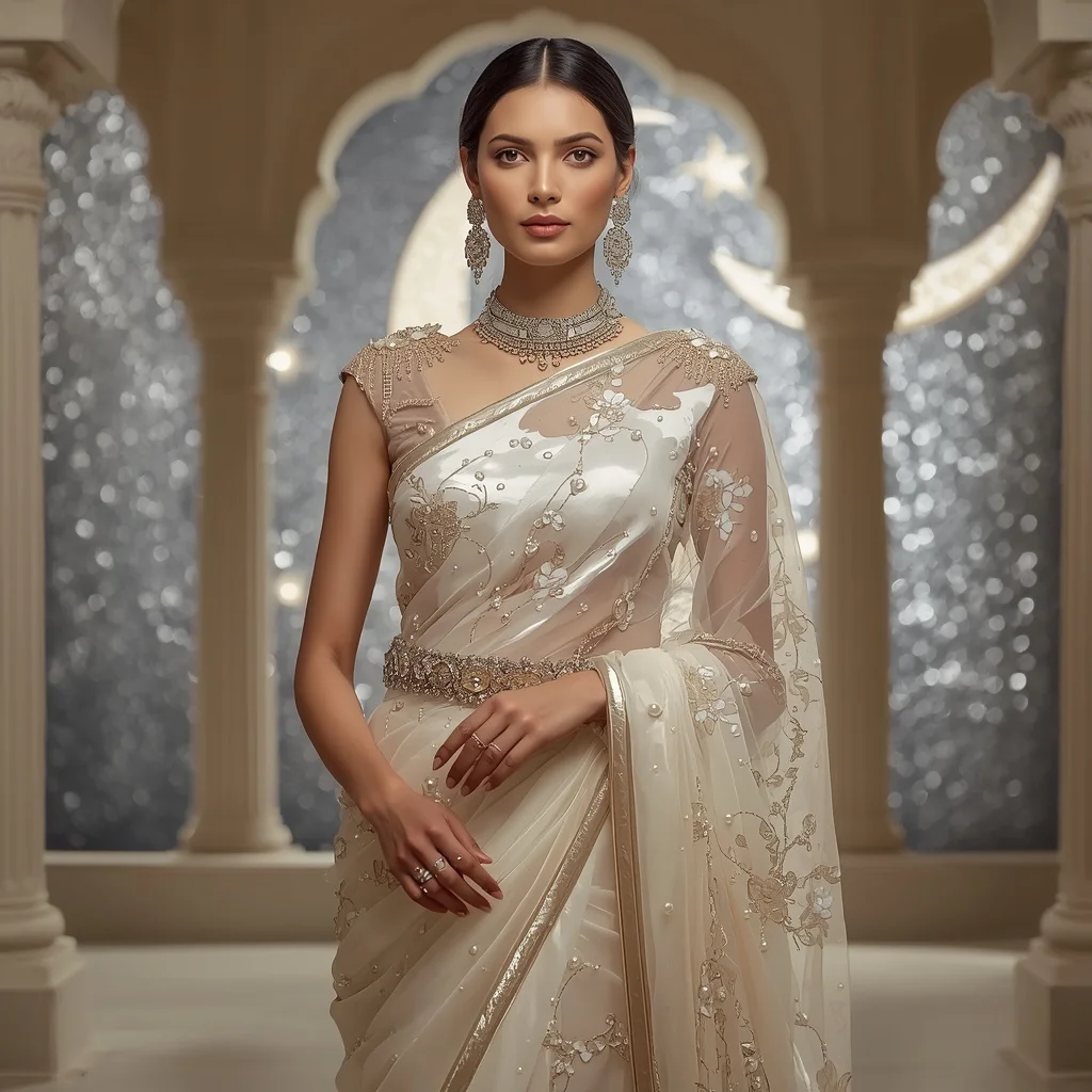 Ivory Pearl Moonlight Saree with Crescent Arch Pavilion | prompt for gemini ai girl modern - Traditional South Indian Saree AI Prompts for Young Girls' Cultural Attire AI Prompt