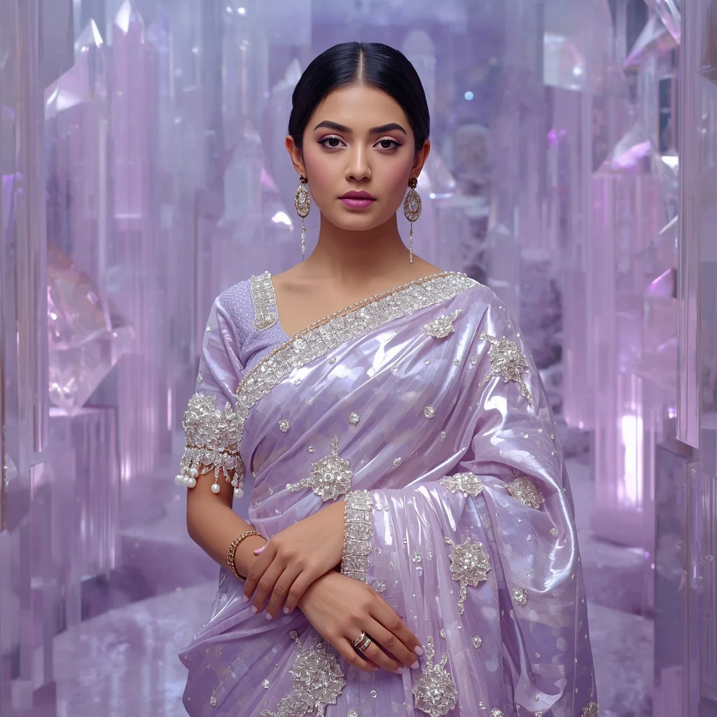Lavender Moonstone Prism Saree with Floating Crystal Pavilion | aesthetic saree prompt - Serene Young Girl Saree AI Image Prompts for Peaceful Lakeside Scenes AI Prompt