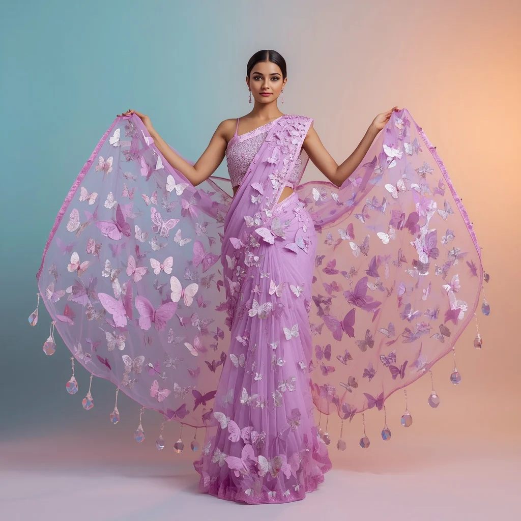 Lilac Pastel Heavy 3D Butterfly Appliqué Saree With Crystal Tassels | new instagram trend prompt for girl saree look copy and paste - Classic Purple Saree AI Prompts for Elegant Girl's Portrait Photography AI Prompt