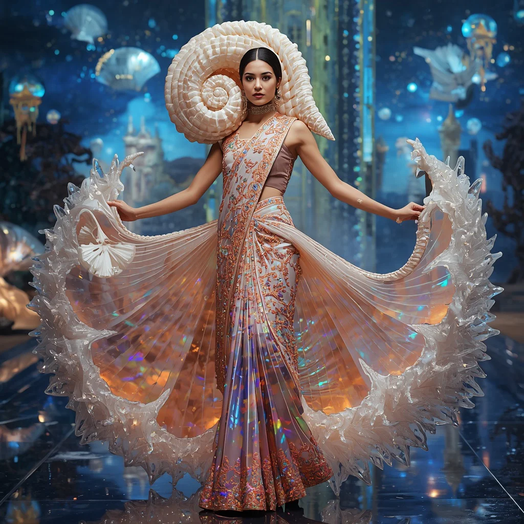 Luxury Crystal Spiral Shell Saree with Ocean Crown Megacity | Traditional saree prompt for girl - Best 10 Elegant Silk Saree AI Prompts for Formal Office Wear Styling AI Prompt