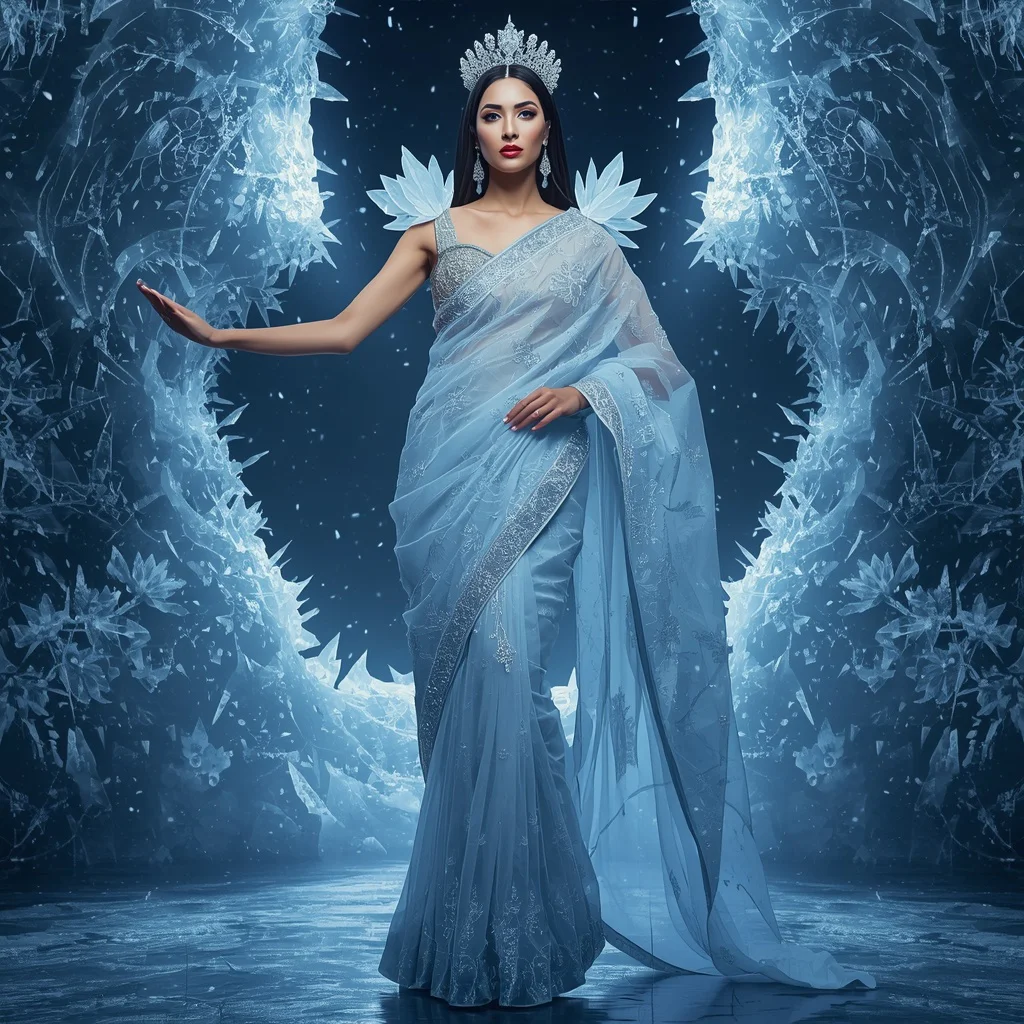 Luxury Frozen Chrono Crystal Lotus Supreme Empire Saree Couture with Eternal Queen Pose and Ice Fractured Multiverse Rift Background | new prompt photo editor - Serene Young Girl Saree AI Image Prompts for Peaceful Lakeside Scenes AI Prompt