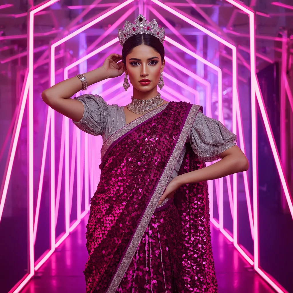 Magenta Crystal Crown Saree with Neon Geometry Hall | gemini ai photo prompt copy paste trending girl 2026 - Serene Young Girl Saree AI Image Prompts for Peaceful Lakeside Scenes AI Prompt