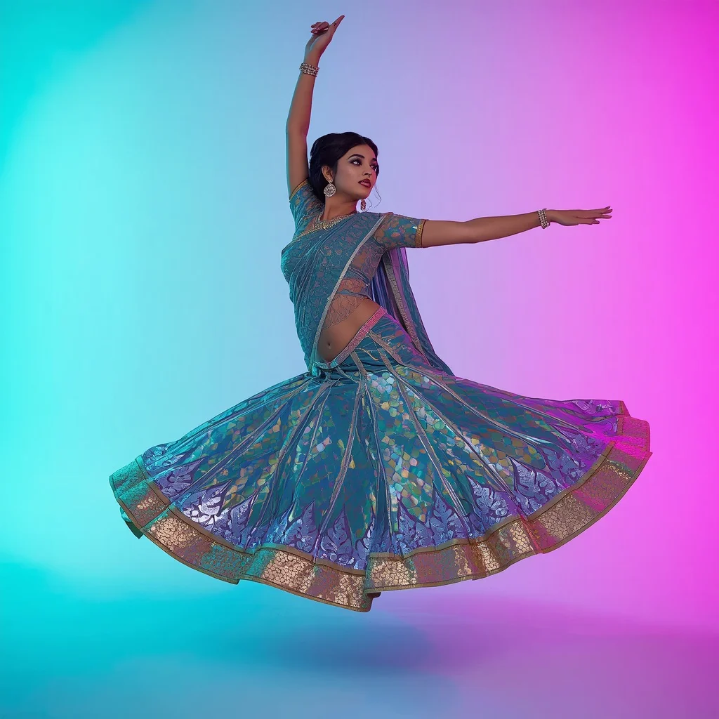 Magnetic Chrome-Plated Fern Saree Anti-Gravity Hover Spin | prompt seen trending girl instagram - Playful Child Saree AI Image Prompts for Fun-Filled Cultural Events AI Prompt