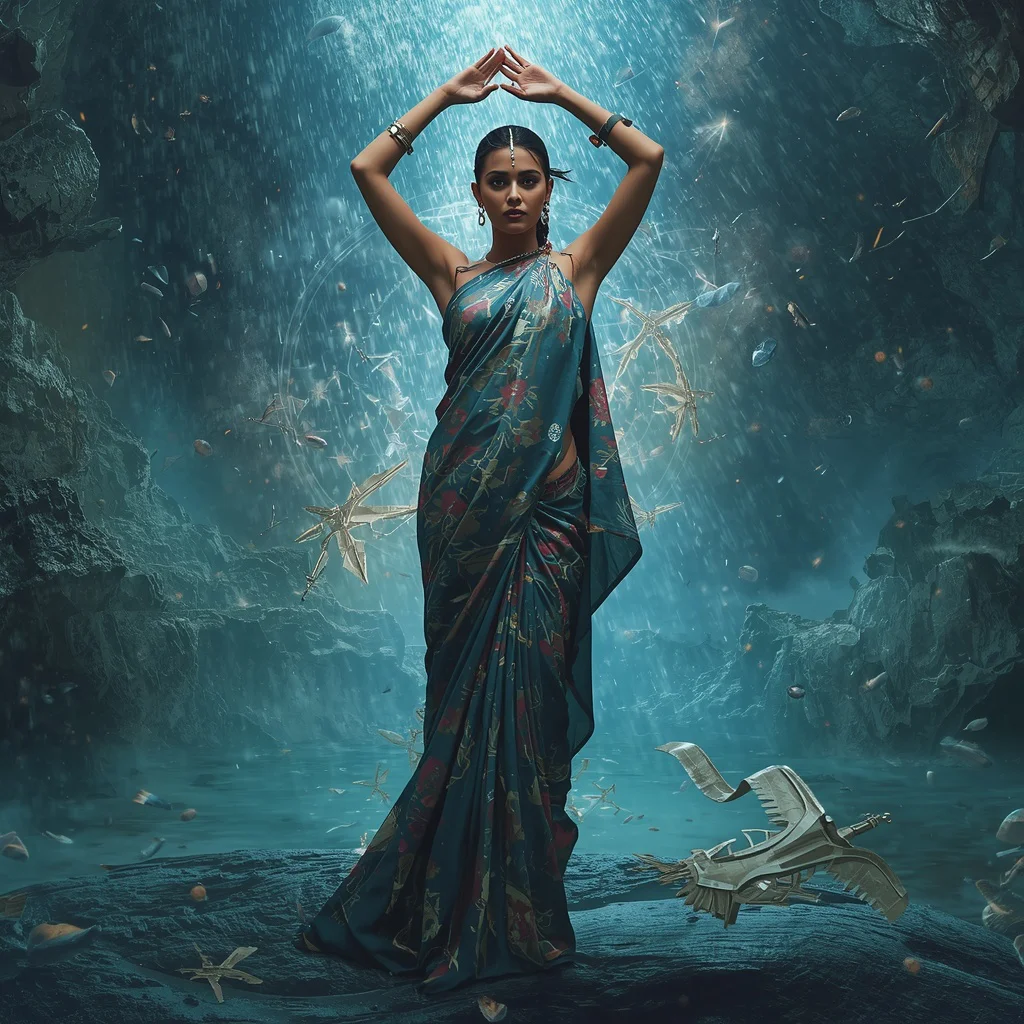 Magnetic Storm Leviathan Saree with Gravity Ocean Ascension Rift Core | best prompt for girls college - New 10 Embellished Net Saree AI Prompts for Grand Reception Looks AI Prompt