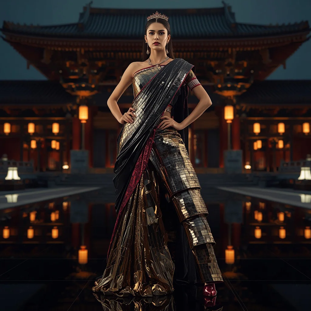 Metallic Samurai Saree with Dark Royal Japanese Palace | ChatGPT prompt for saree look - Best 10 Vibrant Patola Saree AI Prompts for Gujarati Heritage Photography AI Prompt