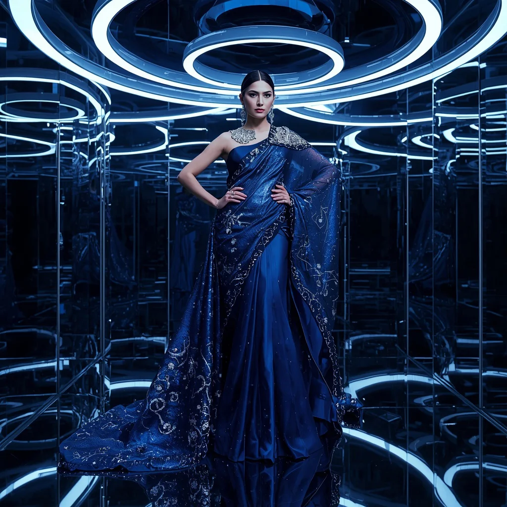 Midnight Sapphire Galaxy Saree with Floating Orbit Rings | saree prompt seen - Serene Young Girl Saree AI Image Prompts for Peaceful Lakeside Scenes AI Prompt