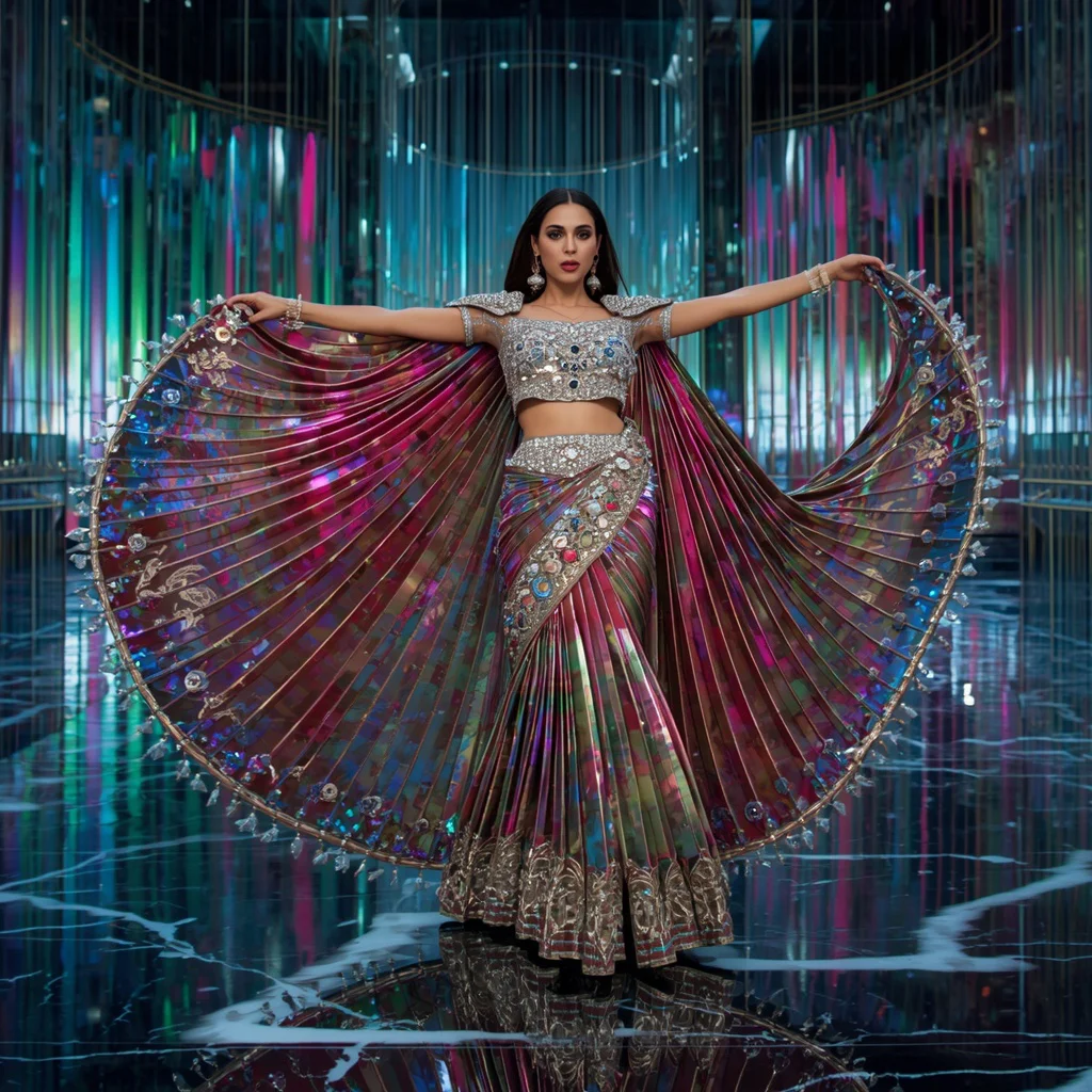 Millennium Aurora Holographic Maharani Saree with Infinite Digital Light Palace | saree prompt for chatgpt - Traditional South Indian Saree AI Prompts for Young Girls' Cultural Attire AI Prompt