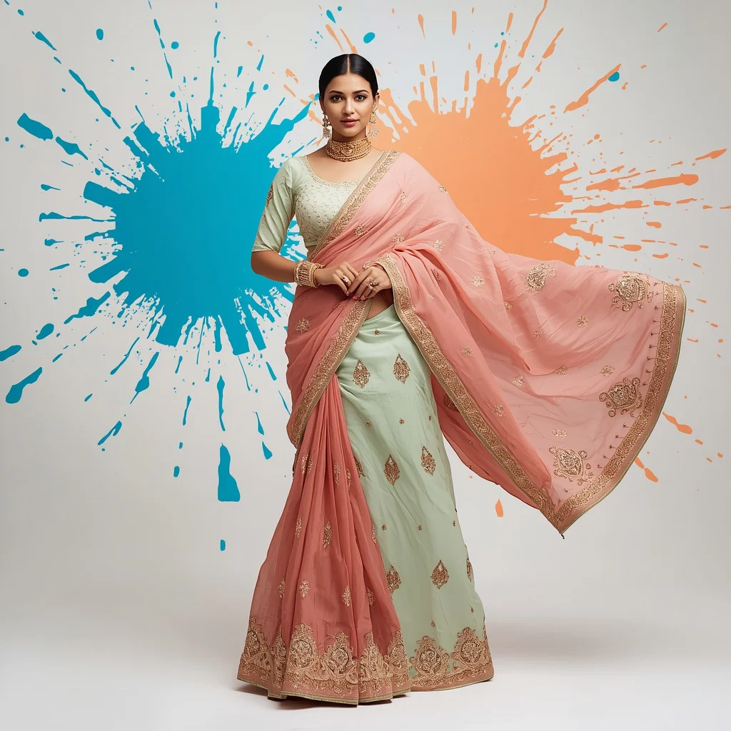 Mint And Blush Pink Dual-Tone Heavy Zardozi Saree For Festivals | wedding saree ai prompt - Playful Child Saree AI Image Prompts for Fun-Filled Cultural Events AI Prompt