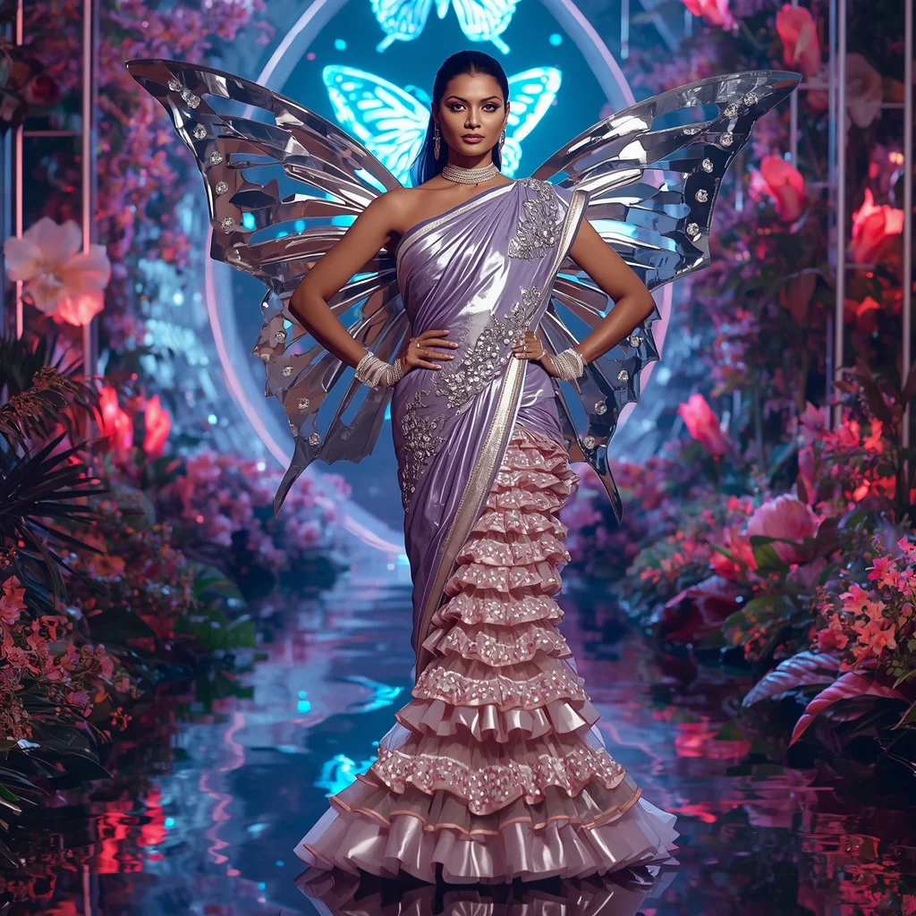 Mirror Butterfly Blade Saree with Fantasy Neon Garden | saree prompt for gemini girl instagram - New 10 Sophisticated Organza Saree AI Prompts for Formal Event Styling AI Prompt