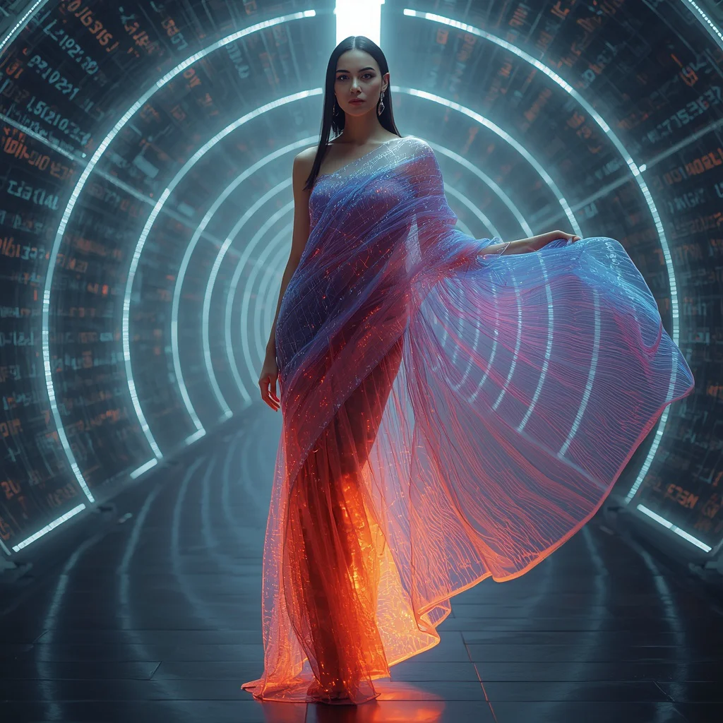 Nano Fiber Liquid Matrix Saree with Data Flow Tunnel | prompt for Gemini AI girl Indian style - Best 10 Vibrant Patola Saree AI Prompts for Gujarati Heritage Photography AI Prompt