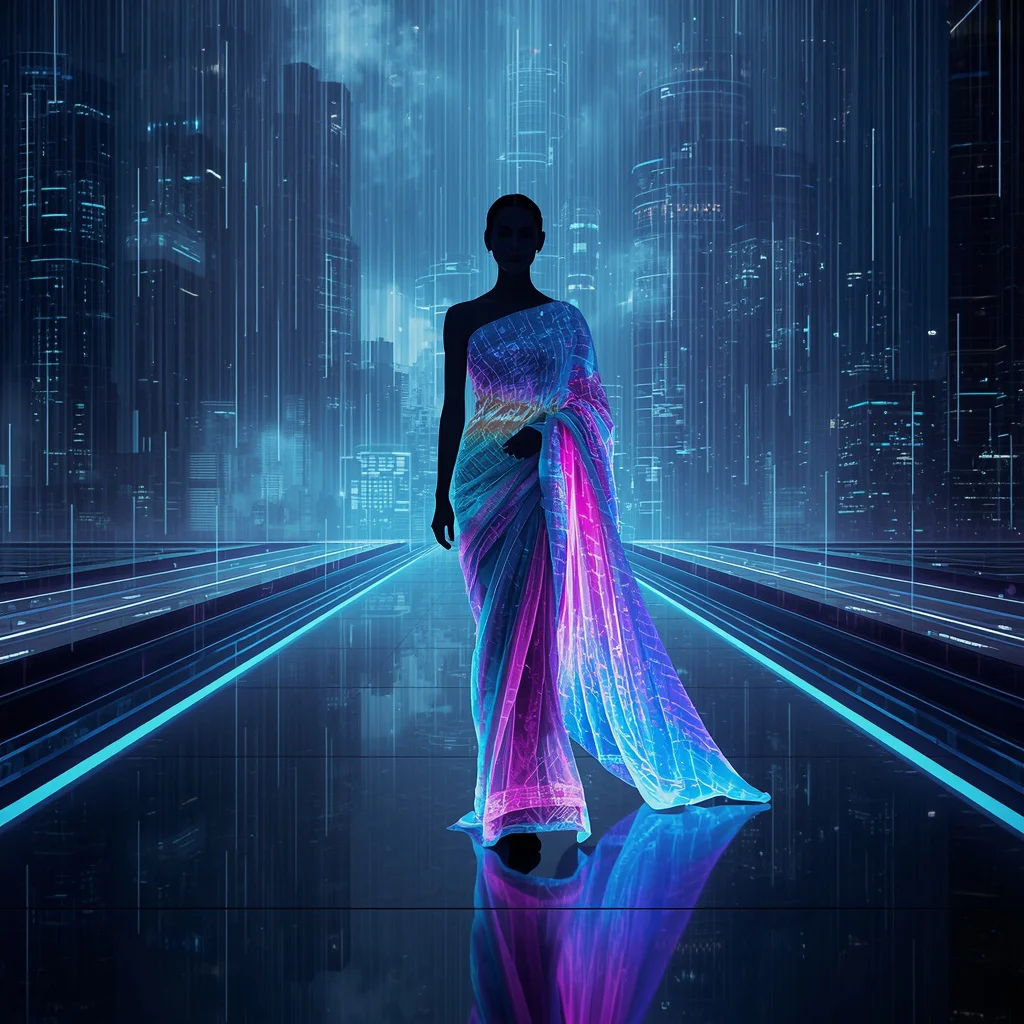 Neon Aurora Cyber Infinity Matrix Pulse Saree – Futuristic AI Light Goddess Couture | Gemini traditional saree Prompt - Best 10 Regal Paithani Saree AI Prompts for Maharashtra Cultural Celebrations AI Prompt