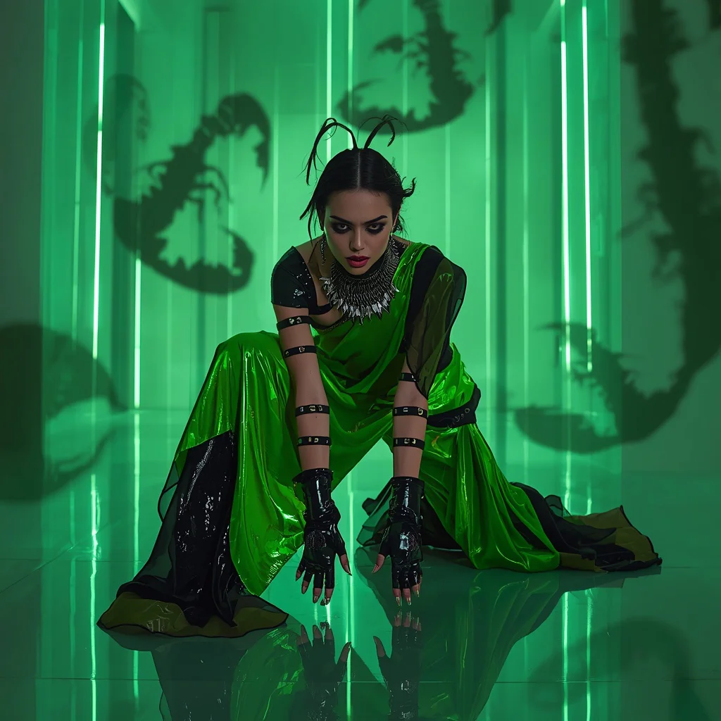 Neon Scorpion Eclipse Saree with Electric Venom Shadows | prompt for girl in saree pic in english - Best 10 Beachside Saree AI Prompts for Breezy Coastal Fashion Shots AI Prompt