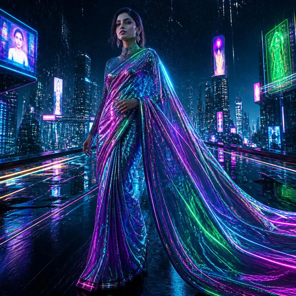 Neon Skyline Velocity Cyber Grid Saree – Urban Hyper Reality Couture | Prompt for Gemini girl in saree - New 10 Contemporary Kanjeevaram Saree AI Prompts for Modern Bridal Wear AI Prompt