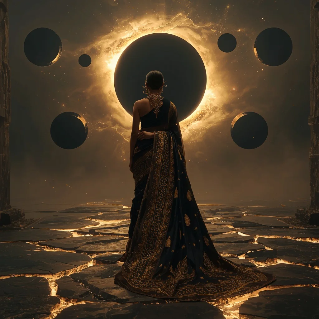 Obsidian Quantum Eclipse Gold Empire Saree – Dark Multiverse Royal Couture | ChatGPT photo Editing Prompts for girl in saree - Best 10 Regal Paithani Saree AI Prompts for Maharashtra Cultural Celebrations AI Prompt
