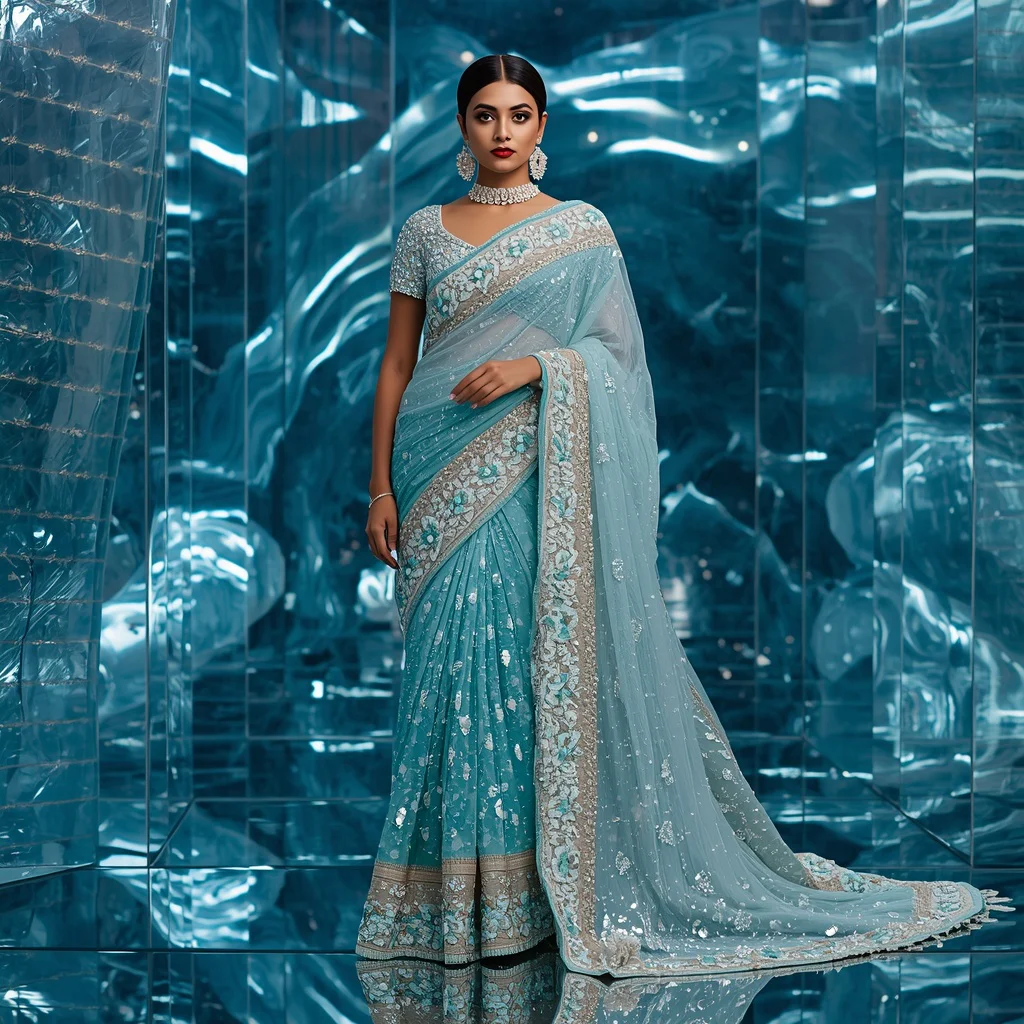 Ocean Pearl Wave Saree with Fluid Glass Sanctuary | traditional saree prompt for wedding - Traditional South Indian Saree AI Prompts for Young Girls' Cultural Attire AI Prompt
