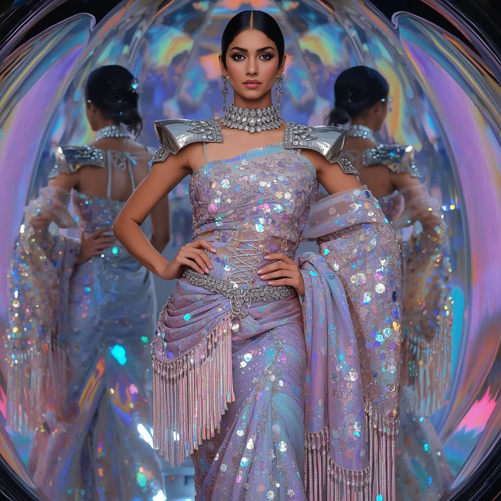 Opal Spectrum Holographic Saree with Aurora Mirror Dome | new ai prompt for image generation - Serene Young Girl Saree AI Image Prompts for Peaceful Lakeside Scenes AI Prompt