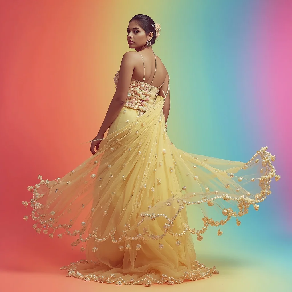 Pastel Lemon Heavy Encrusted Corset And Tulle Saree Viral Look | prompt for traditional look for girl - Playful Child Saree AI Image Prompts for Fun-Filled Cultural Events AI Prompt