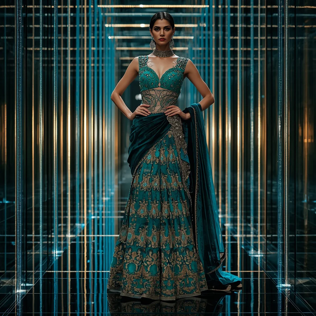 Peacock Mirror Corset Saree with Illuminated Glass Runway | prompt for gemini ai girl modern - Traditional South Indian Saree AI Prompts for Young Girls' Cultural Attire AI Prompt
