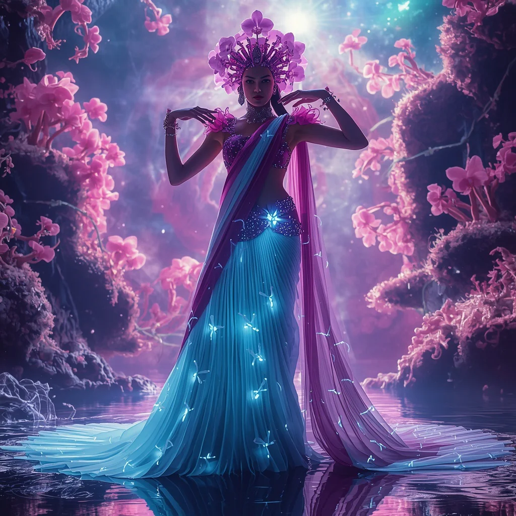 Plasma Orchid Leviathan Saree with Neon Ocean Reactor Bloom Singularity Field | Gemini traditional saree Prompt - Top 10 Artistic Linen Saree AI Prompts for Minimalist Aesthetic Photoshoots AI Prompt