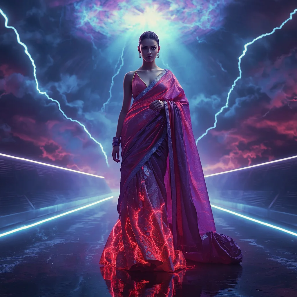 Plasma Storm Empress Saree with Electric Sky Dome | chatgpt photo editing prompts new - Best 10 Vibrant Patola Saree AI Prompts for Gujarati Heritage Photography AI Prompt