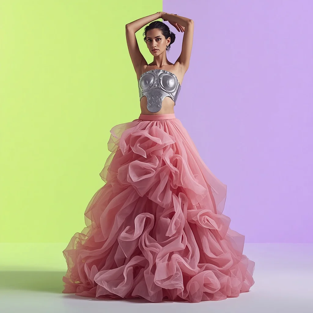 Powder Pink Heavy Structural Organza Wave Saree With Armor Bodice | chatgpt saree prompt in english - Playful Child Saree AI Image Prompts for Fun-Filled Cultural Events AI Prompt