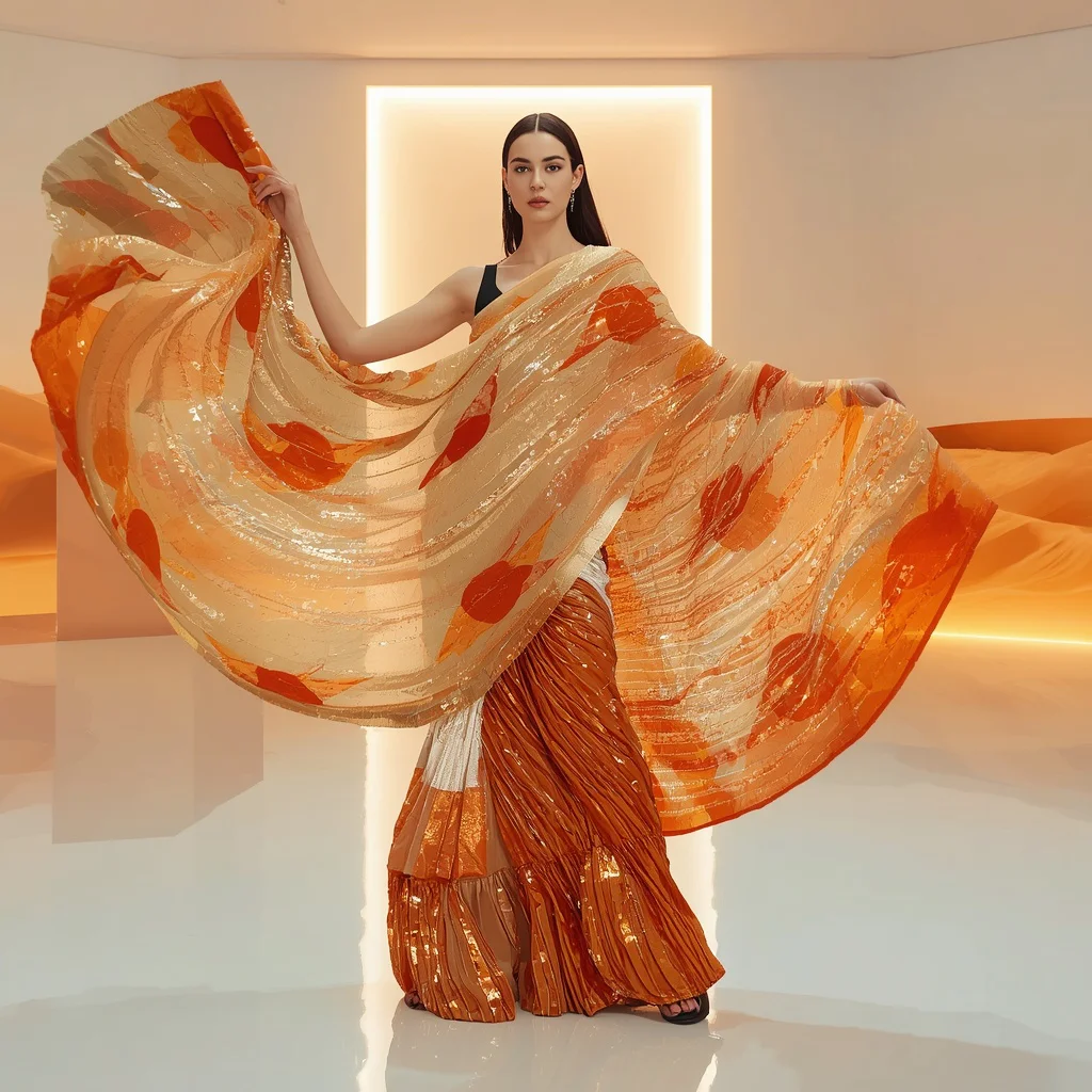Prism Desert Flame Saree with Floating Ember Dunes | traditional prompt for gemini ai girl instagram - New 10 Embellished Net Saree AI Prompts for Grand Reception Looks AI Prompt