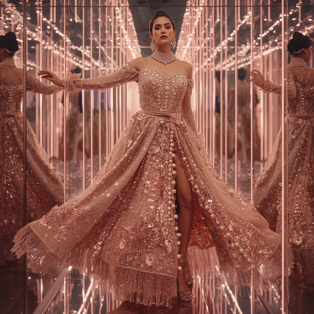 Rose Gold Crystal Corset Saree with Infinity Mirror Hall | prompt seen girl saree bengali style - Serene Young Girl Saree AI Image Prompts for Peaceful Lakeside Scenes AI Prompt