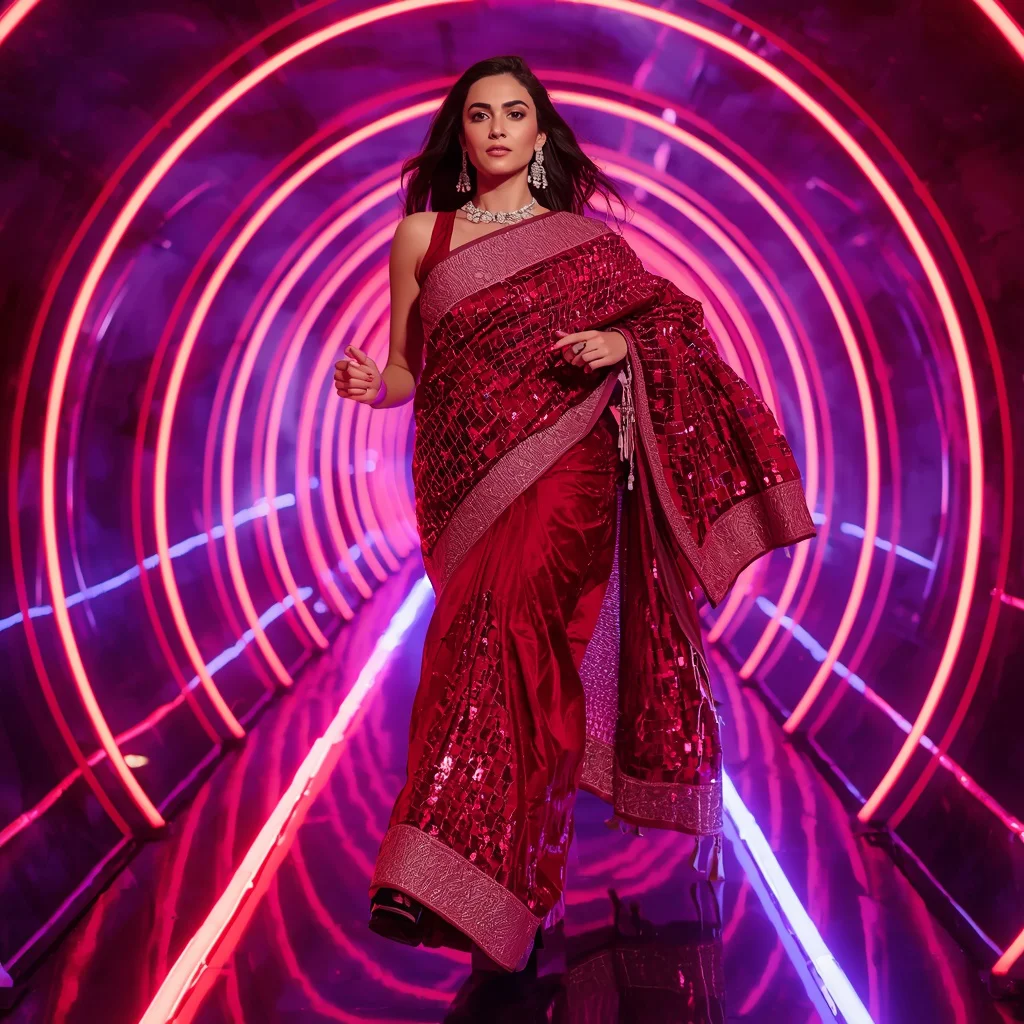 Ruby Mirror Mosaic Saree with Curved Neon Gallery | instagram prompt for traditional look for girl - Traditional South Indian Saree AI Prompts for Young Girls' Cultural Attire AI Prompt