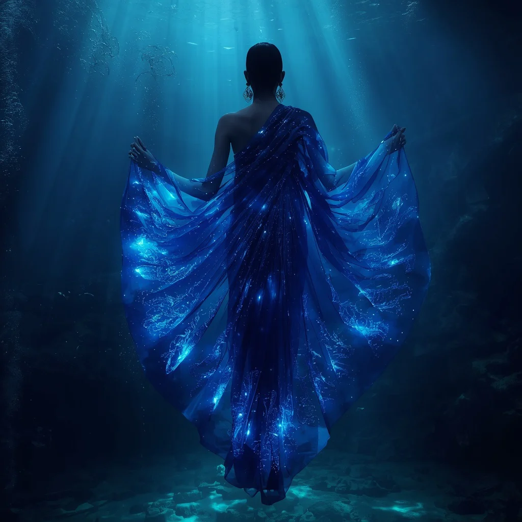 Sapphire Quantum Ocean Abyss Energy Saree – Deep Sea Cosmic Couture | prompt for girls college - New 10 Contemporary Kanjeevaram Saree AI Prompts for Modern Bridal Wear AI Prompt