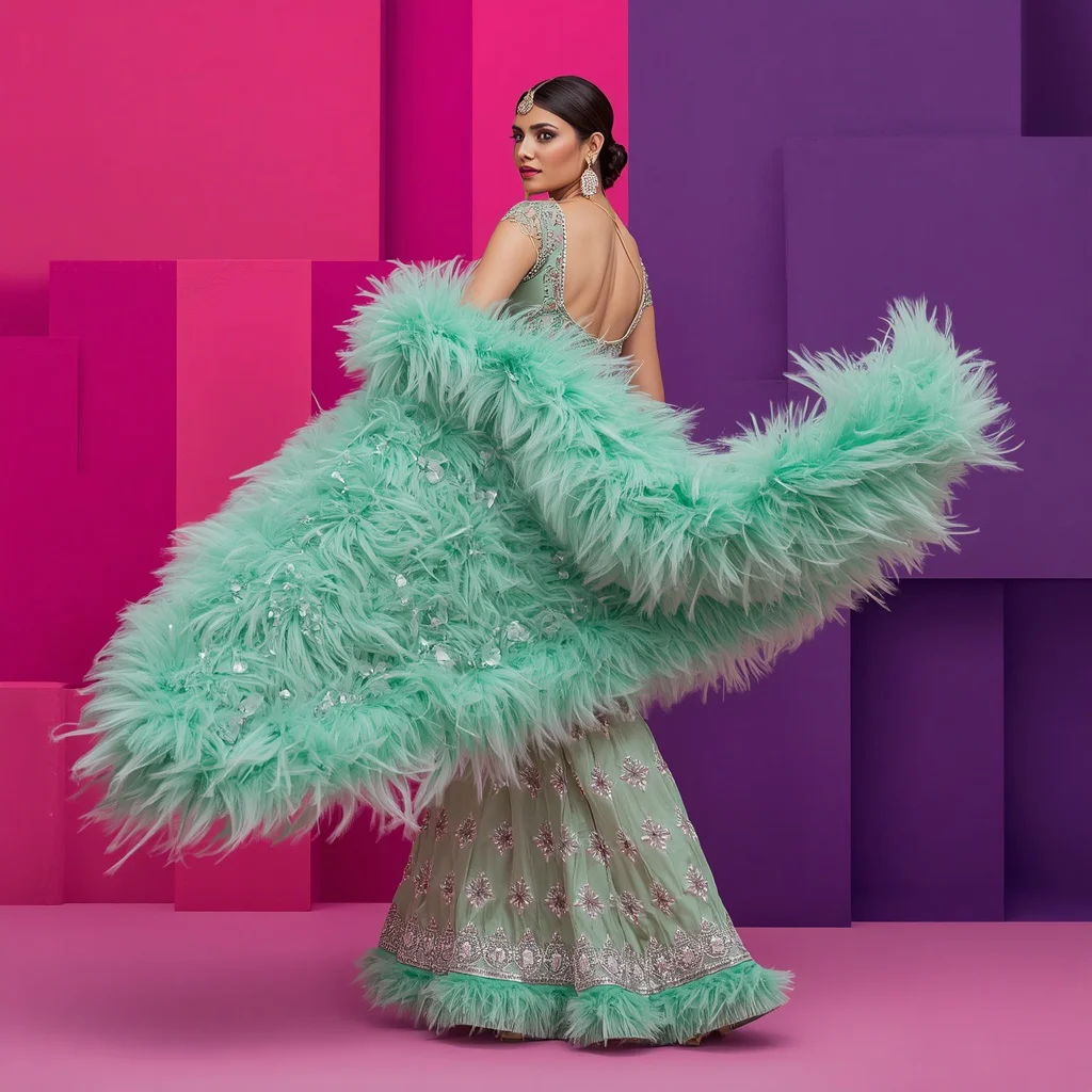 Seafoam Green Heavy Ostrich Feather And Zardozi Advance Saree Look | prompt for gemini ai saree look couple - Classic Purple Saree AI Prompts for Elegant Girl's Portrait Photography AI Prompt
