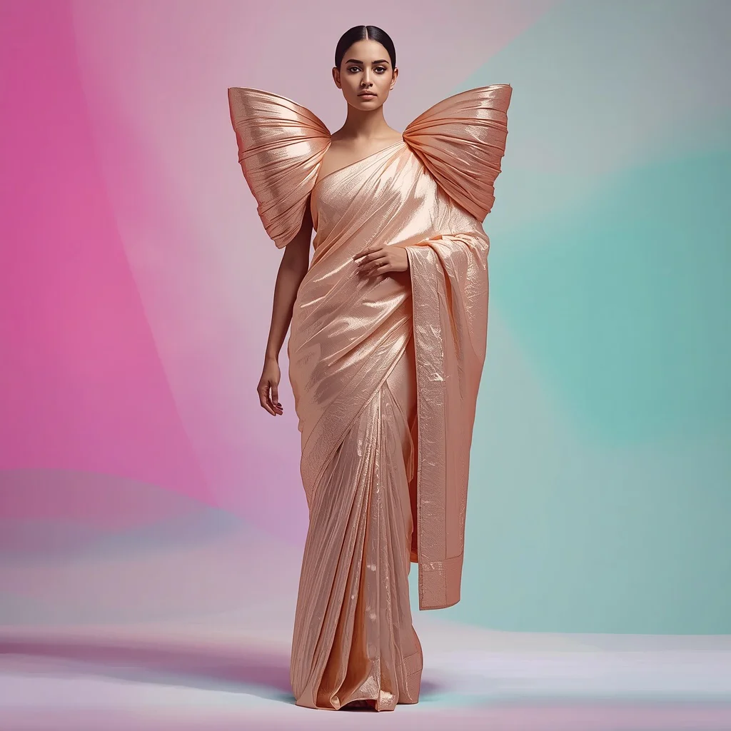 Soft Peach Sculpted Metallic Foil Heavy Saree Design Inspiration | prompt for saree look for girl in english - Playful Child Saree AI Image Prompts for Fun-Filled Cultural Events AI Prompt