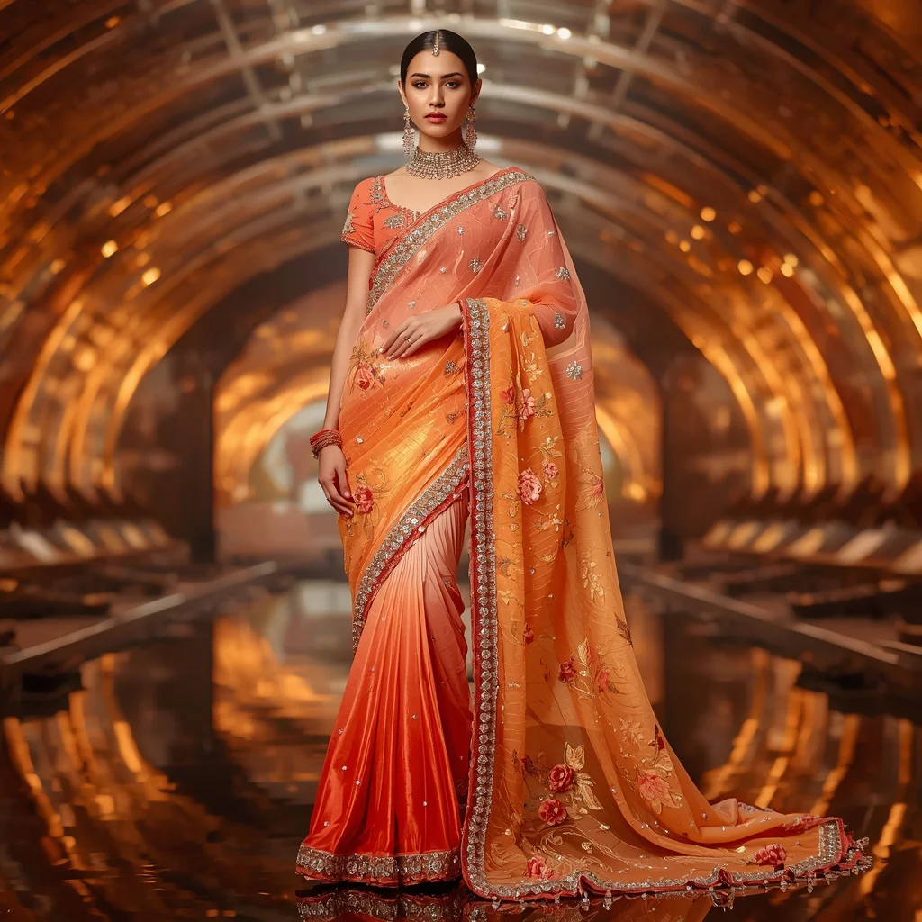Sunset Coral Flame Saree with Solar Wave Dome | new ai prompt girl instagram - Serene Young Girl Saree AI Image Prompts for Peaceful Lakeside Scenes AI Prompt