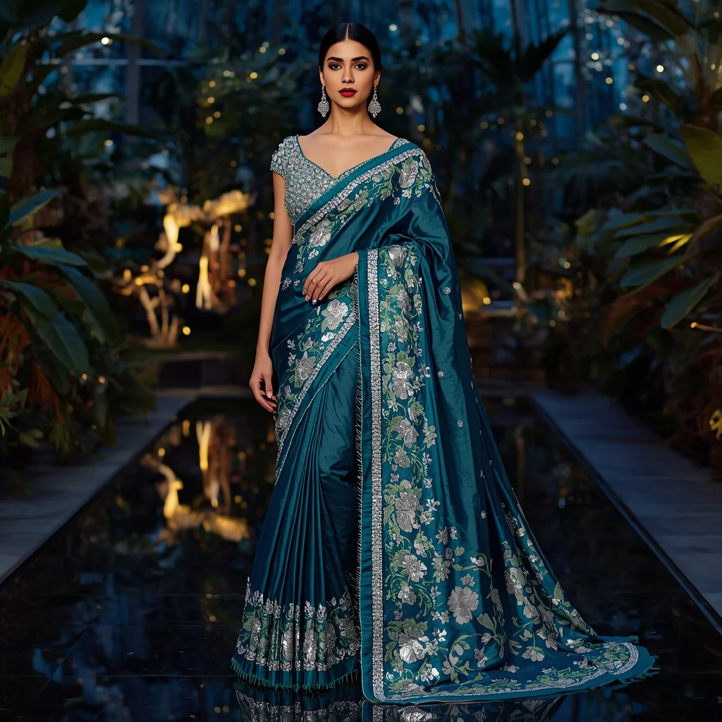 Teal Aurora Botanical Saree with Illuminated Glass Garden | prompt for gemini ai girl modern saree - Traditional South Indian Saree AI Prompts for Young Girls' Cultural Attire AI Prompt
