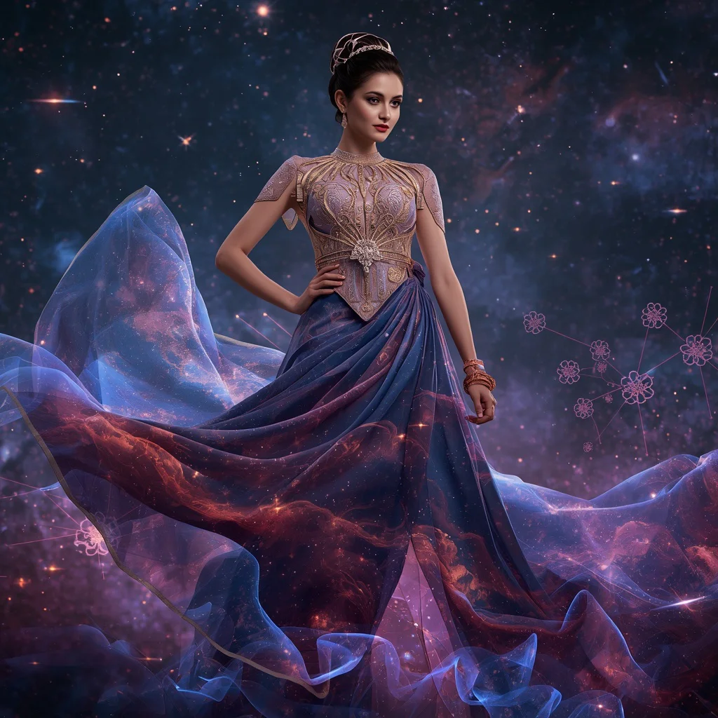Ultra Luxury Cosmic Silk Nebula Bloom Saree Couture with Floating Star Garden Universe Background | traditional prompt for gemini ai girl aesthetic - Top 10 Bohemian Saree AI Prompts for Eclectic Outdoor Photoshoots AI Prompt