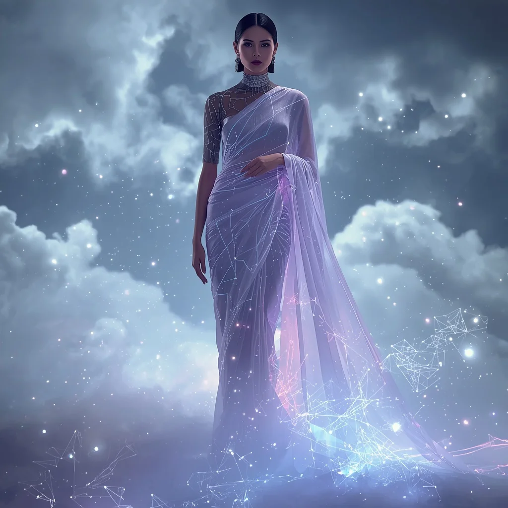 Ultra Luxury Digital Silk Dream Matrix Saree Couture with Floating Memory Light Conscious Realm Background | traditional prompt for gemini ai girl - Top 10 Bohemian Saree AI Prompts for Eclectic Outdoor Photoshoots AI Prompt