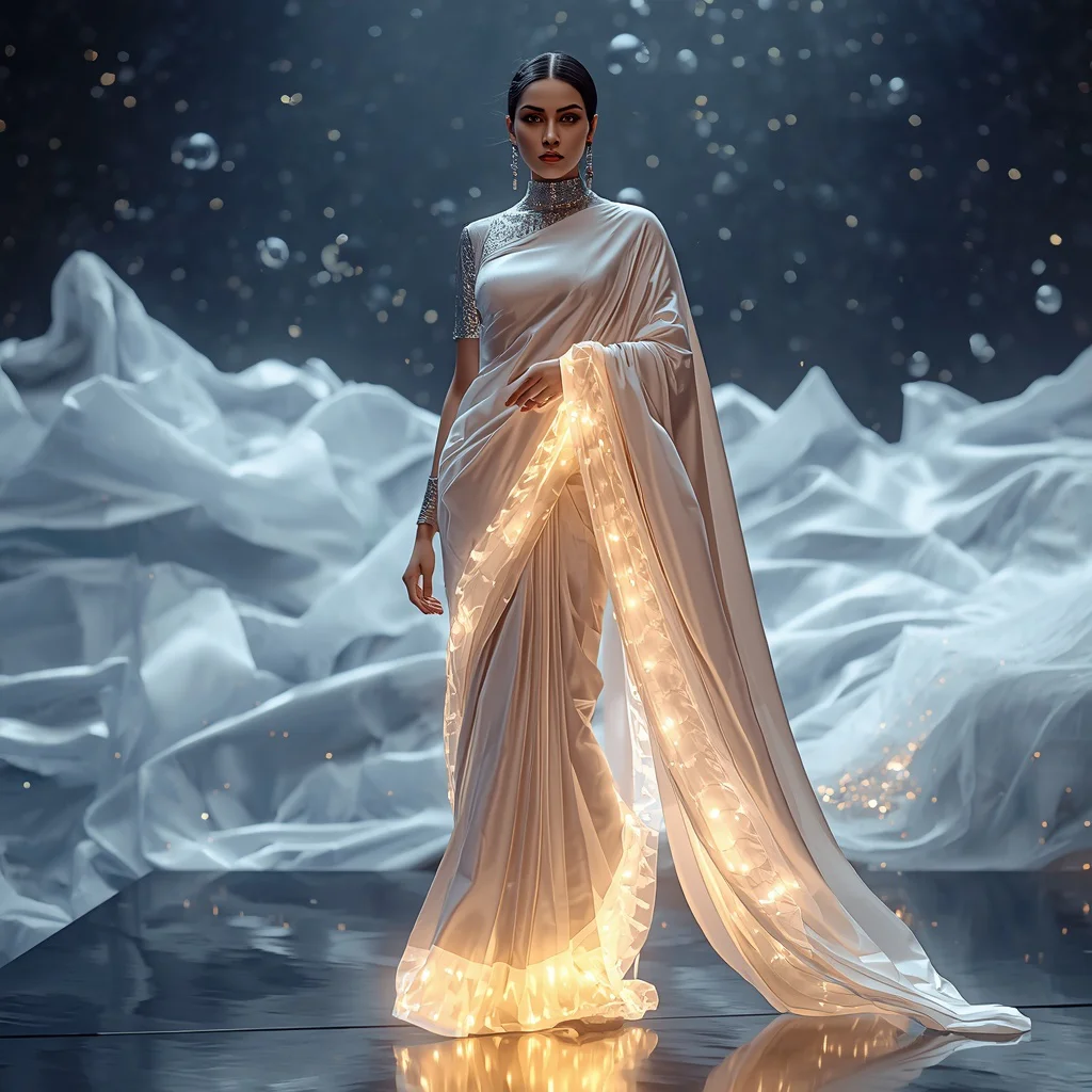Ultra Luxury Infinite Silk Light Wave Saree Couture with Floating Quantum Expansion Fabric Universe Background | prompt for traditional look for girl chatgpt instagram - Top 10 Bohemian Saree AI Prompts for Eclectic Outdoor Photoshoots AI Prompt