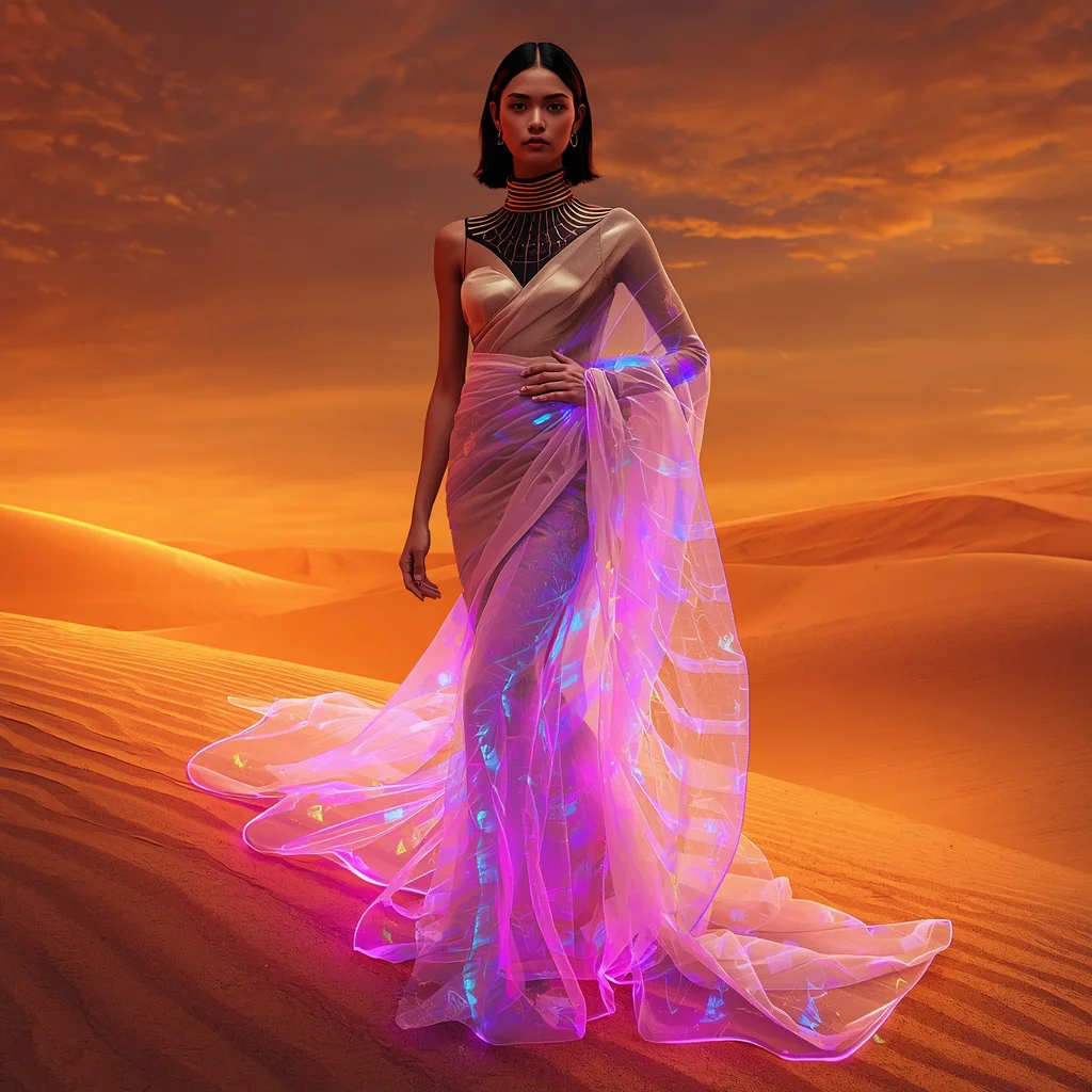 Ultra Luxury Neon Silk Gravity Sandstorm Saree Couture with Floating Mirage Desert Energy Horizon Background | modern saree ai prompt - Top 10 Bohemian Saree AI Prompts for Eclectic Outdoor Photoshoots AI Prompt