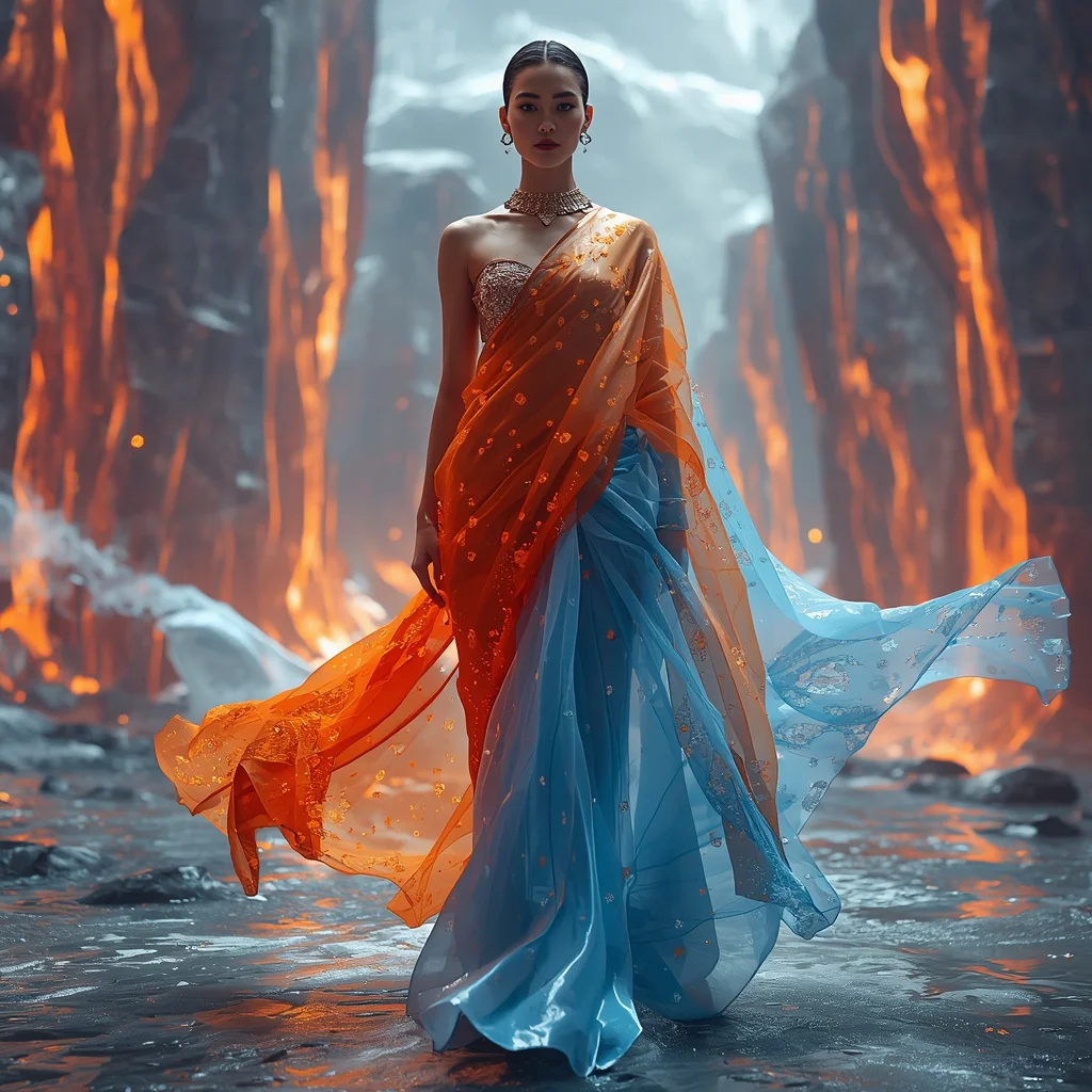 Ultra Luxury Quantum Fire Ice Silk Fusion Saree Couture with Floating Dual Energy Reality Kingdom Background | trending photo editing prompt - Top 10 Bohemian Saree AI Prompts for Eclectic Outdoor Photoshoots AI Prompt