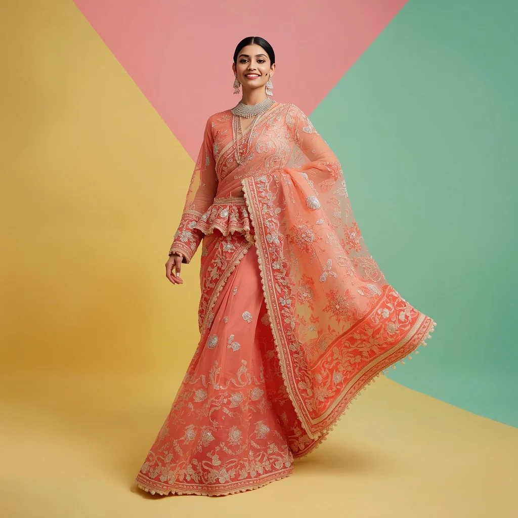 Viral Aesthetic Soft Coral Heavy Cutwork Saree With Peplum Blouse | trending saree gemini prompt in hindi - Classic Purple Saree AI Prompts for Elegant Girl's Portrait Photography AI Prompt